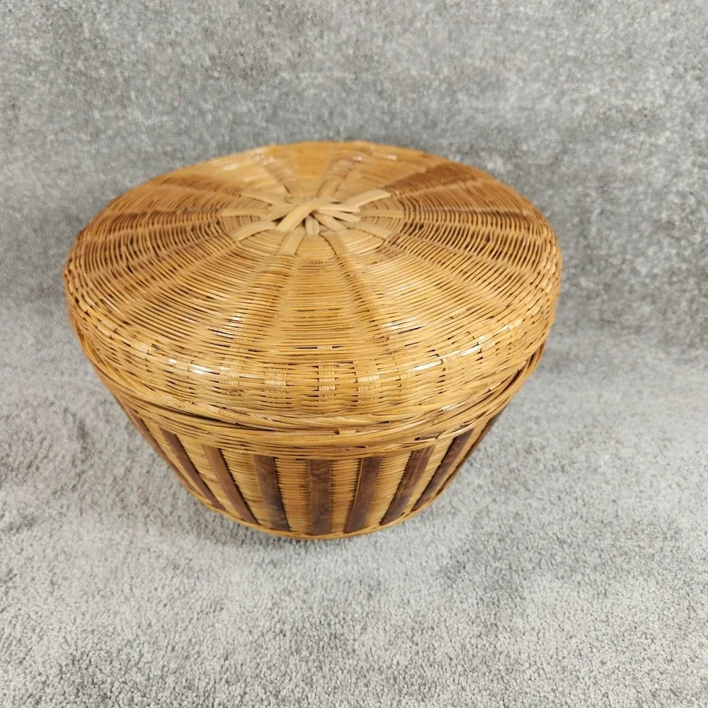 Woven Bamboo Basket Natural Tan Lidded Round Boho Storage Decor